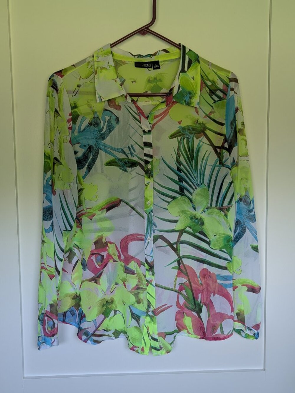 a.n.a A New Approach Tropical Print Sheer Blouse Size Large